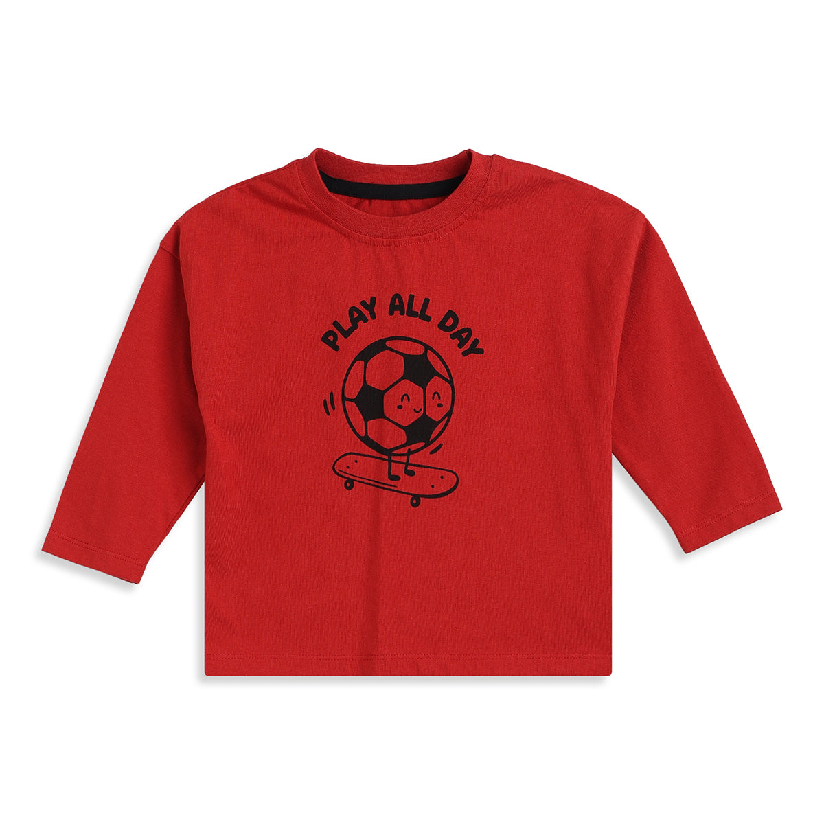 Baby Boys Red Cotton T-Shirt with Play All Day Football Graphic Print Casual Wear