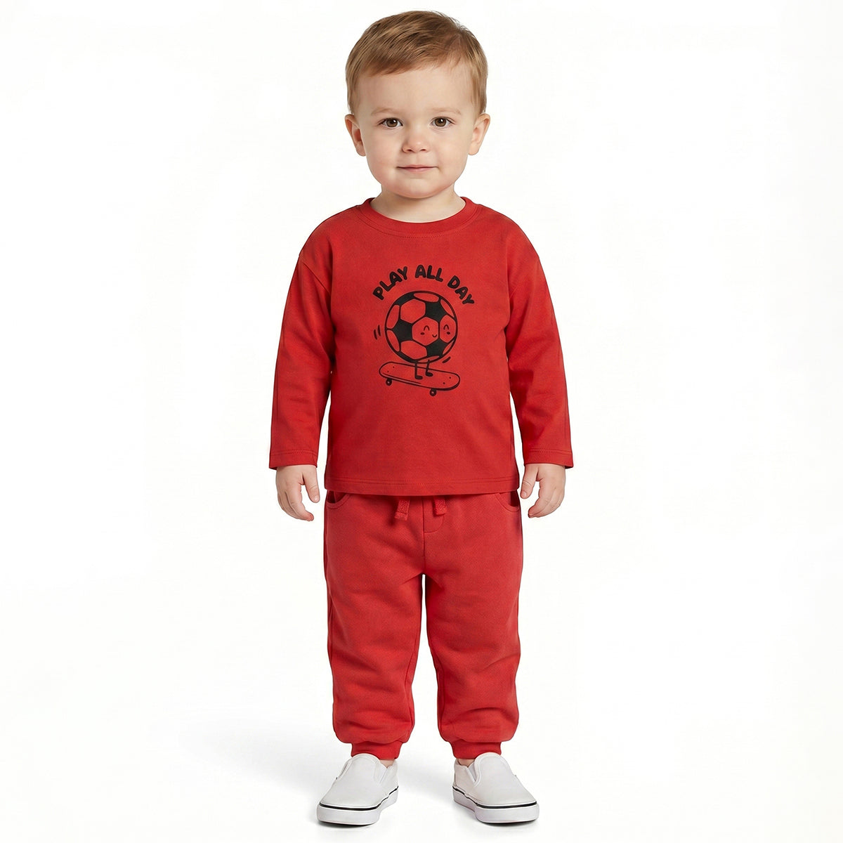 Baby Boys Red Cotton T-Shirt with Play All Day Football Graphic Print Casual Wear