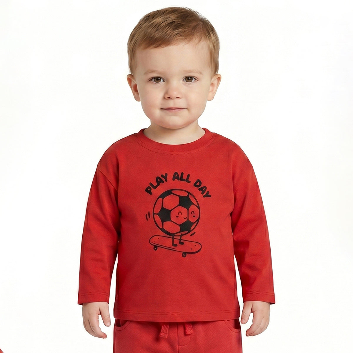 Baby Boys Red Cotton T-Shirt with Play All Day Football Graphic Print Casual Wear
