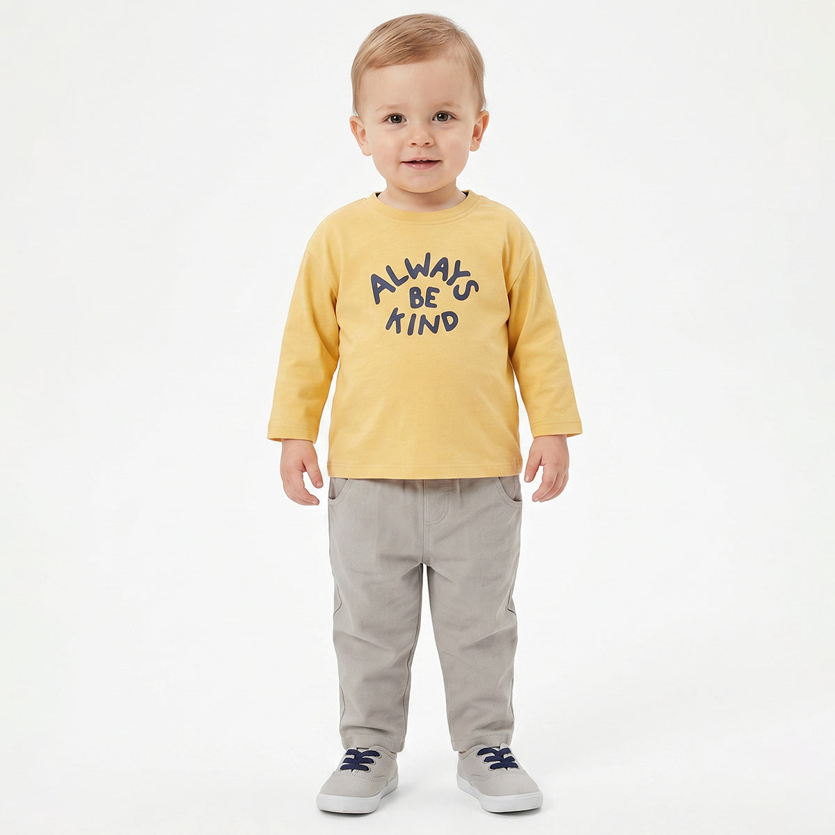 Baby Boys Yellow Cotton T-Shirt with Always Be Kind Graphic Print Casual Wear