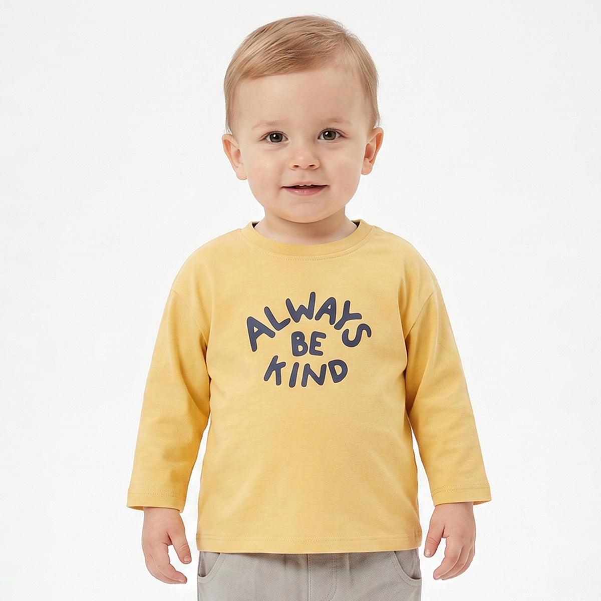 Baby Boys Yellow Cotton T-Shirt with Always Be Kind Graphic Print Casual Wear