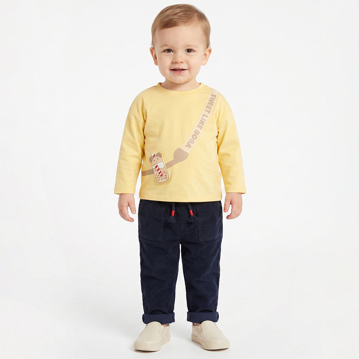 Baby Boys Navy Blue Corduroy Pant with Drawstring Casual Wear