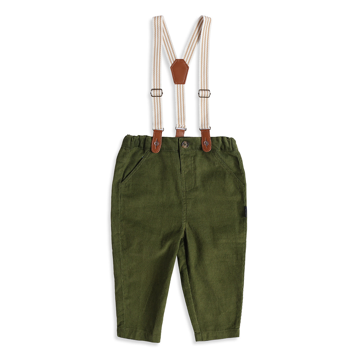 Baby Boy Olive Green Corduroy Suspender Woven Pant