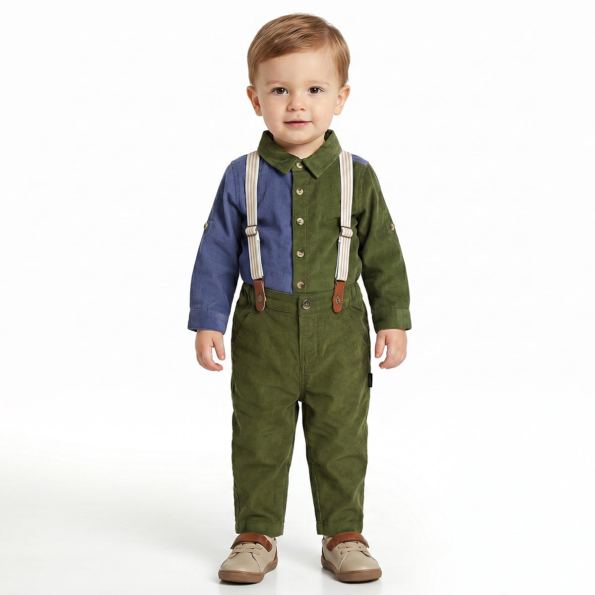 Baby Boy Olive Green Corduroy Suspender Woven Pant
