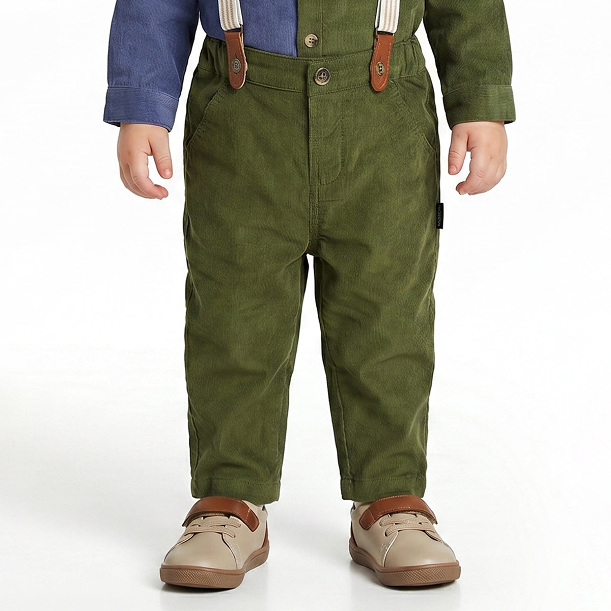 Baby Boy Olive Green Corduroy Suspender Woven Pant
