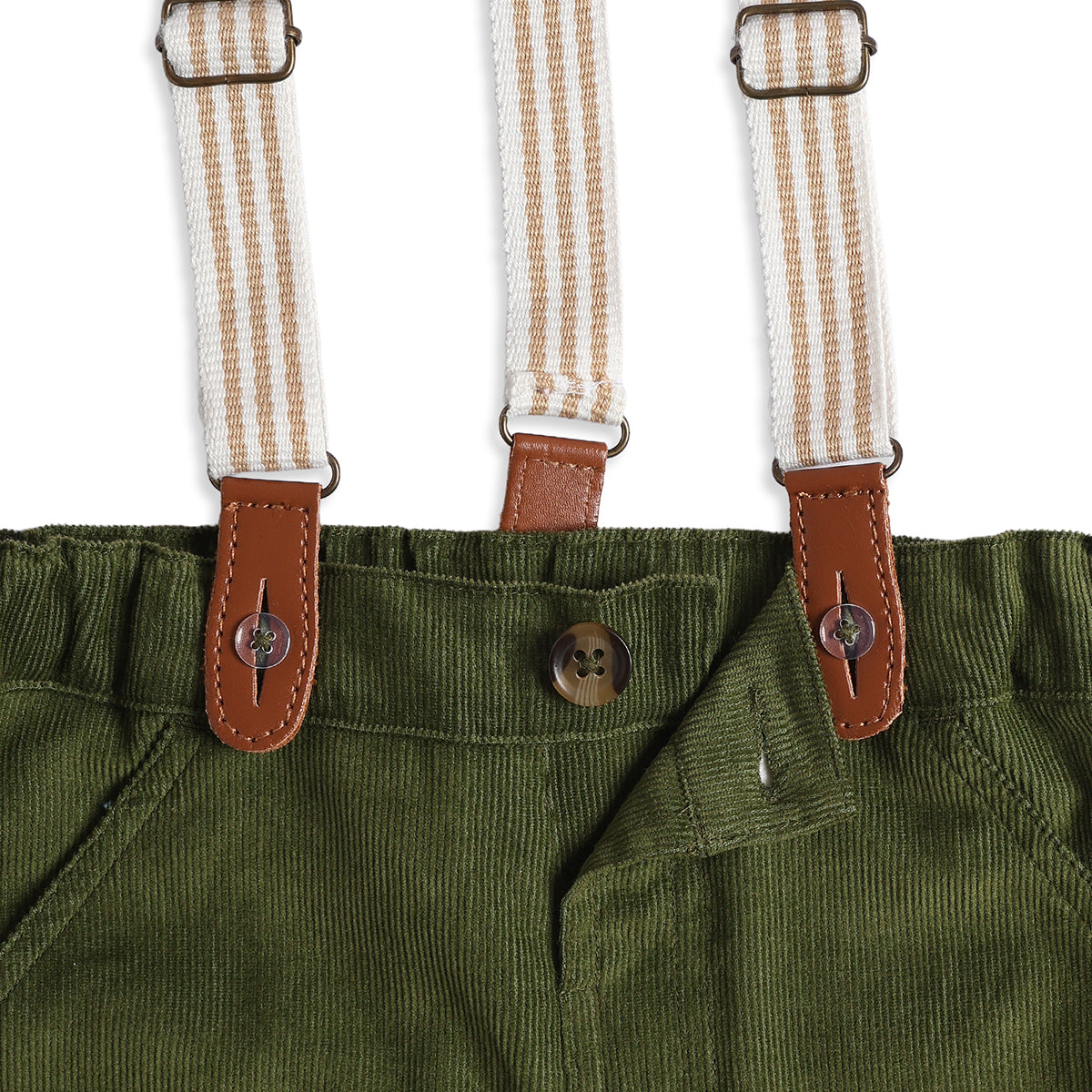 Baby Boy Olive Green Corduroy Suspender Woven Pant