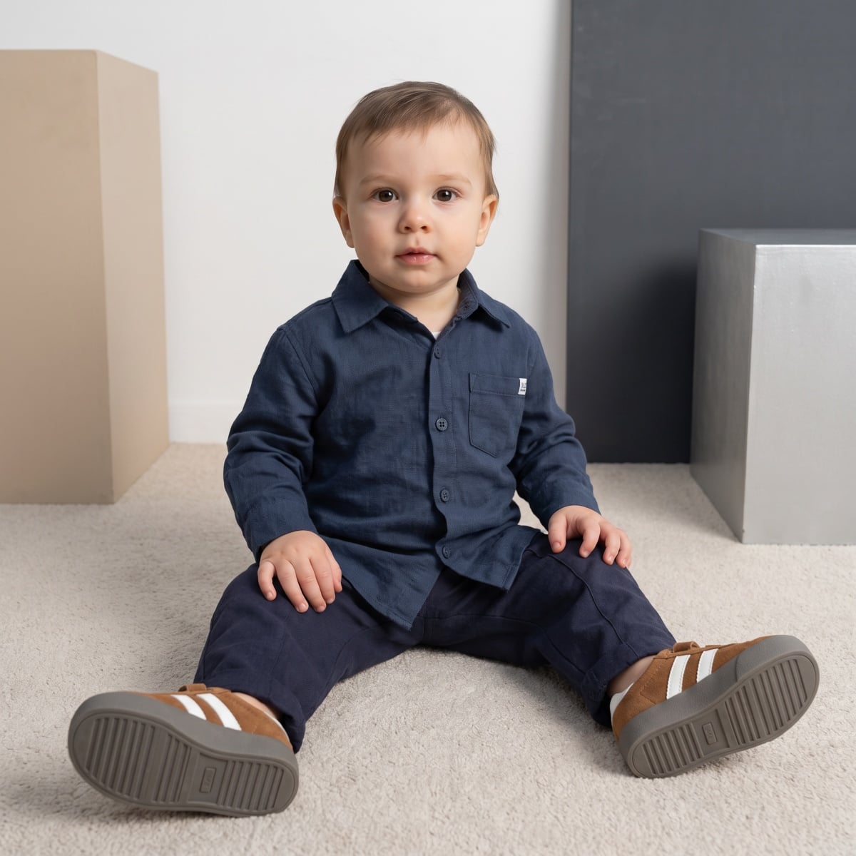 Baby Boys Navy Blue Cotton Blend MC Embroidered Pant Regular Fit Casual Wear