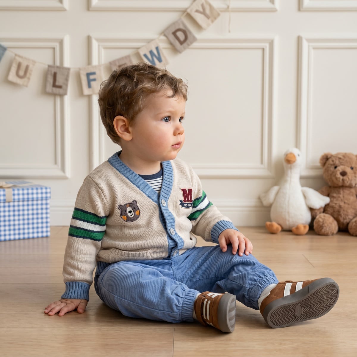 Baby Boys Blue Cotton Corduroy Mini Champ Embroidered Pant Regular Fit Casual