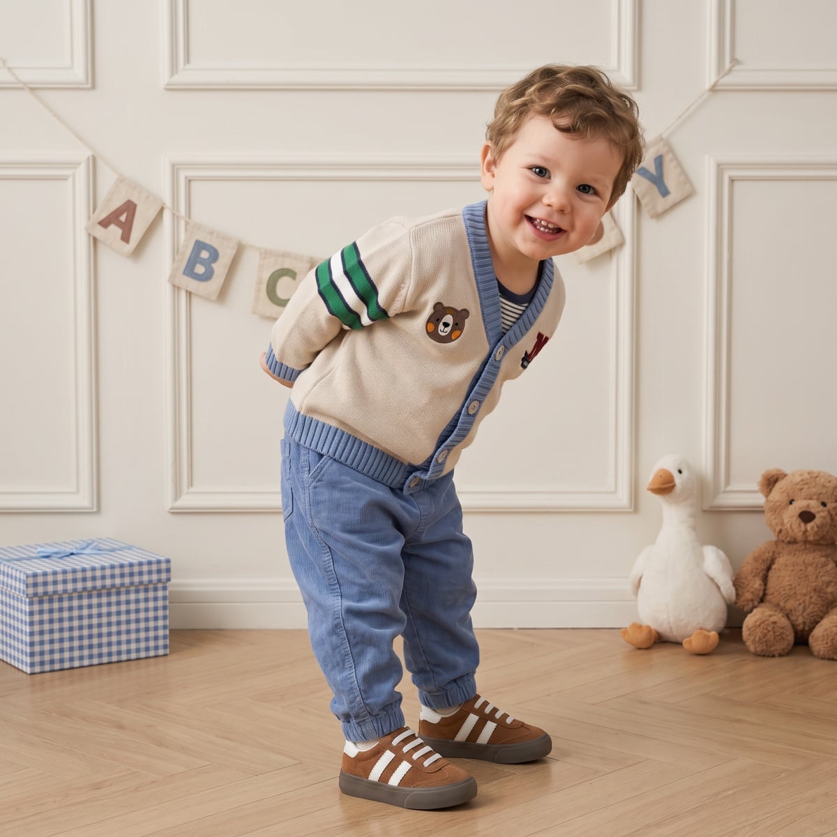 Baby Boys Blue Cotton Corduroy Mini Champ Embroidered Pant Regular Fit Casual