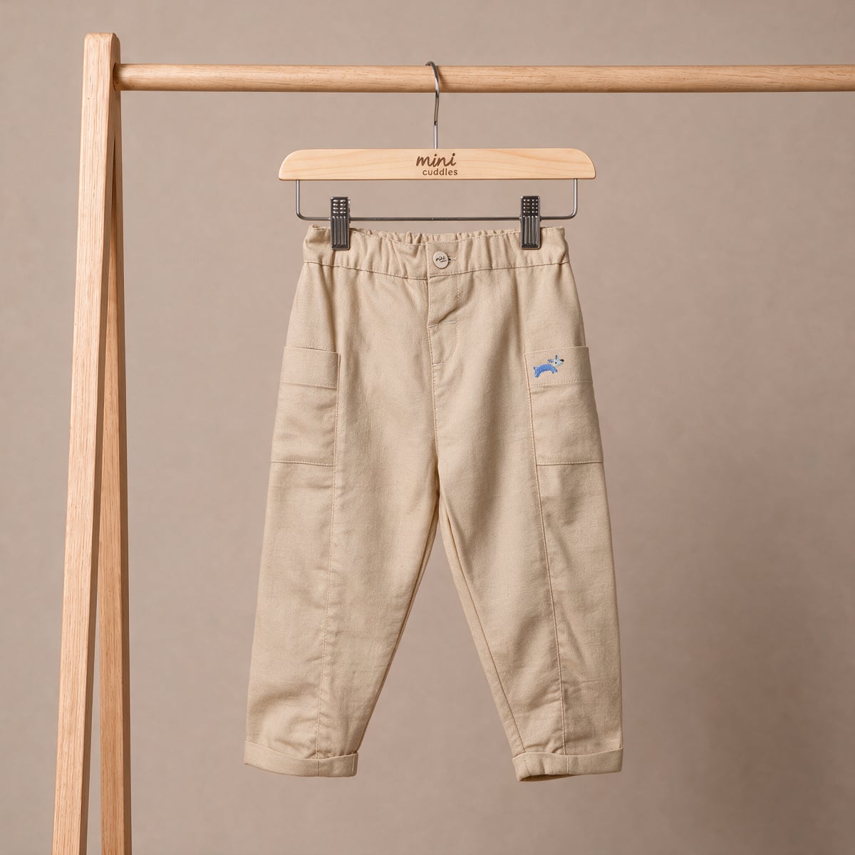 Baby Boys Beige Cotton Blend Animal Embroidered Woven Pant Regular Fit Casual Wear