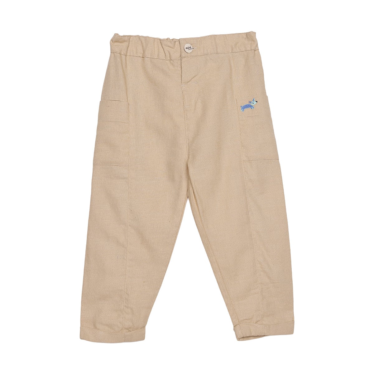Baby Boys Beige Cotton Blend Animal Embroidered Woven Pant Regular Fit Casual Wear