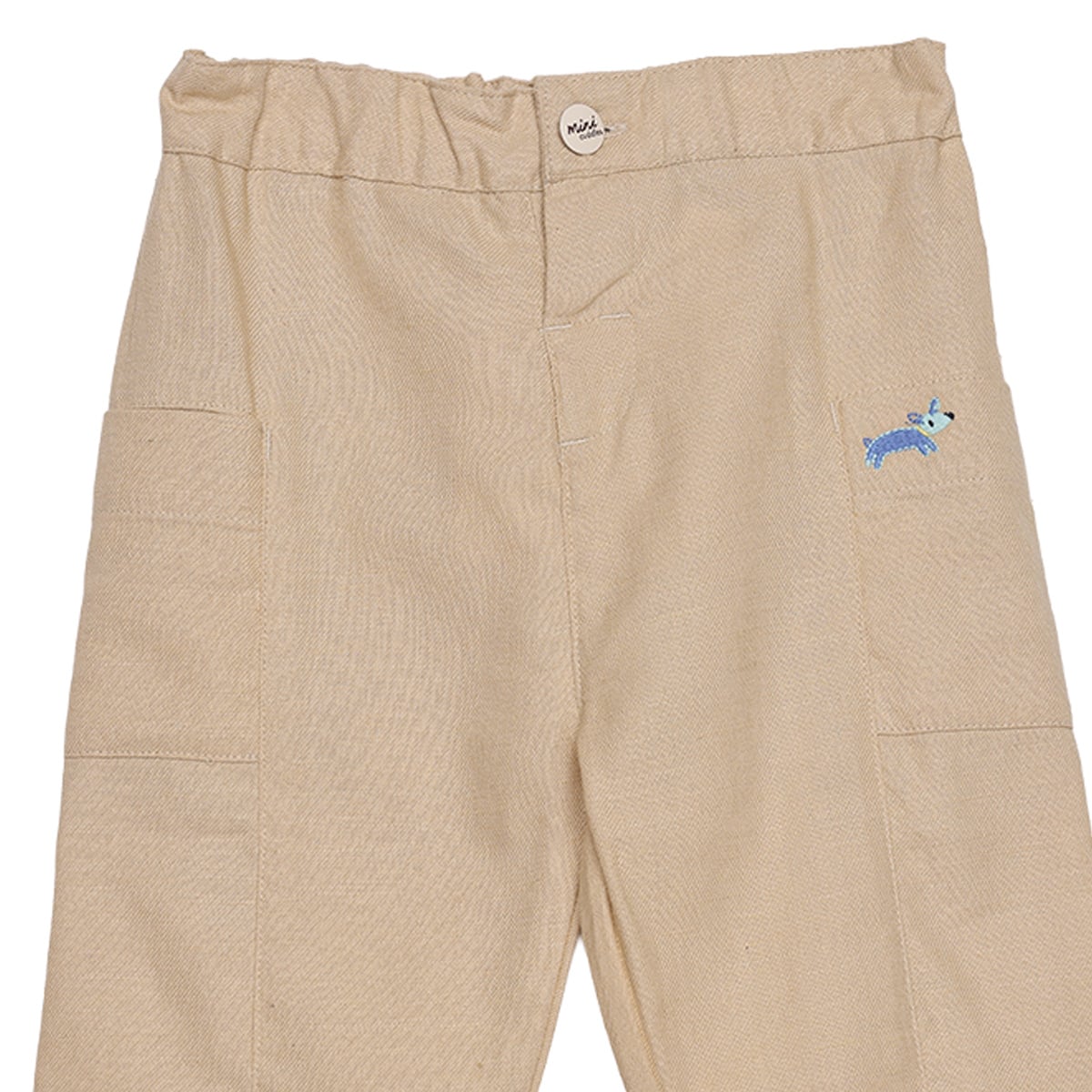 Baby Boys Beige Cotton Blend Animal Embroidered Woven Pant Regular Fit Casual Wear
