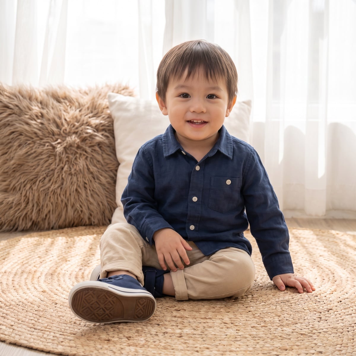 Baby Boys Beige Cotton Blend Animal Embroidered Woven Pant Regular Fit Casual Wear