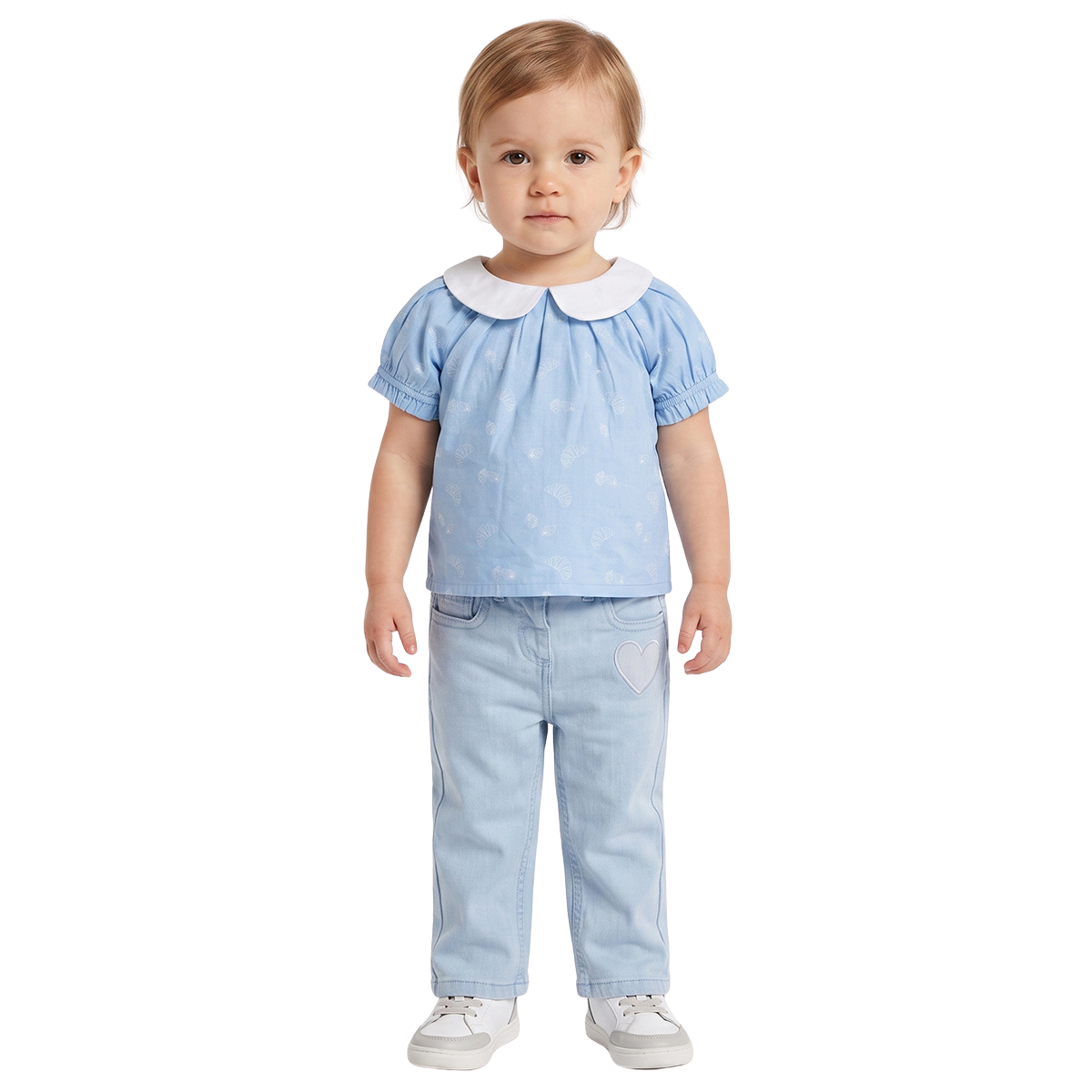 Baby Girls Light Blue Cotton Denim Heart Applique Pant Regular Fit