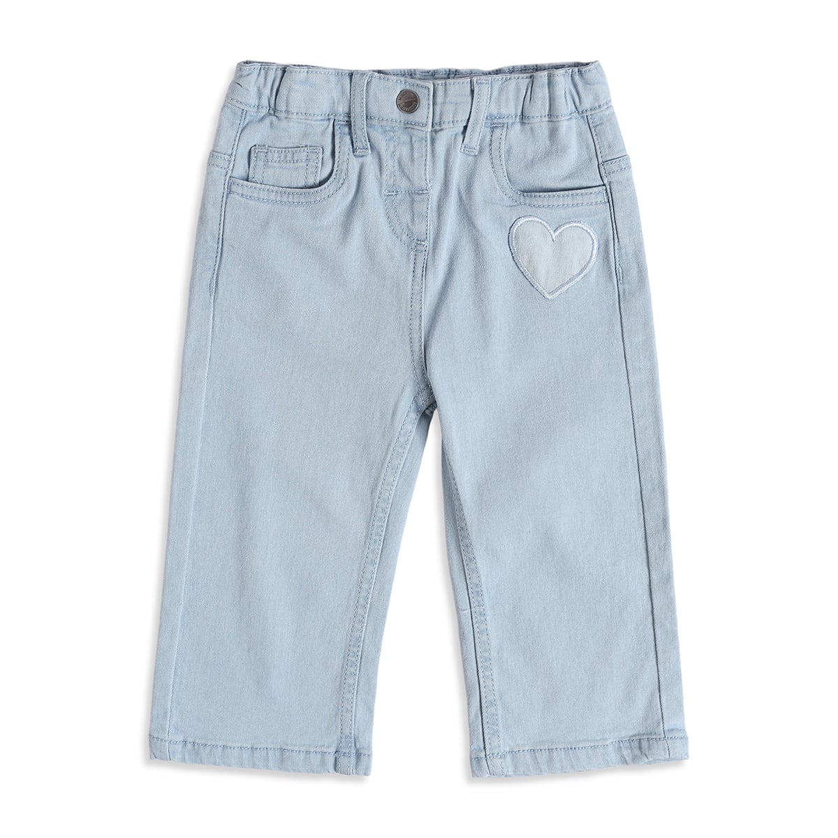 Baby Girls Light Blue Cotton Denim Heart Applique Pant Regular Fit Casual Wear