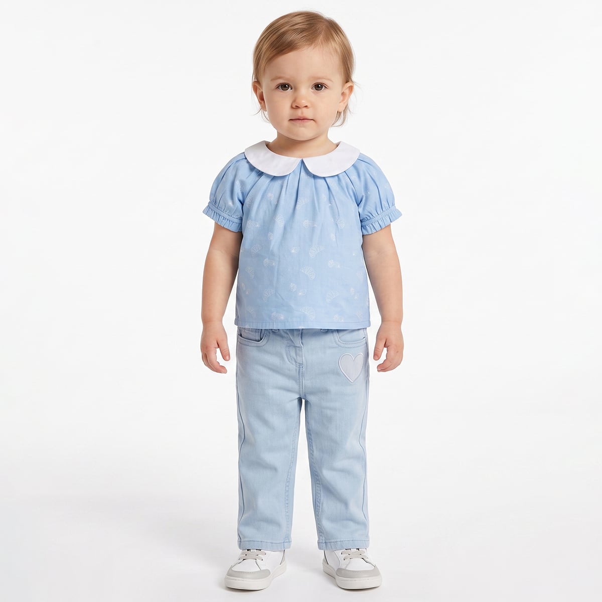 Baby Girls Light Blue Cotton Denim Heart Applique Pant Regular Fit Casual Wear
