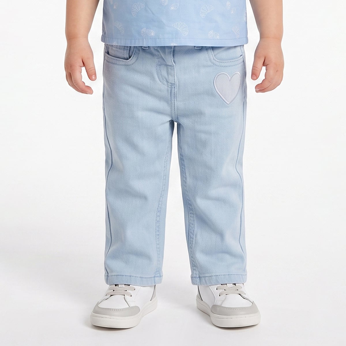 Baby Girls Light Blue Cotton Denim Heart Applique Pant Regular Fit Casual Wear