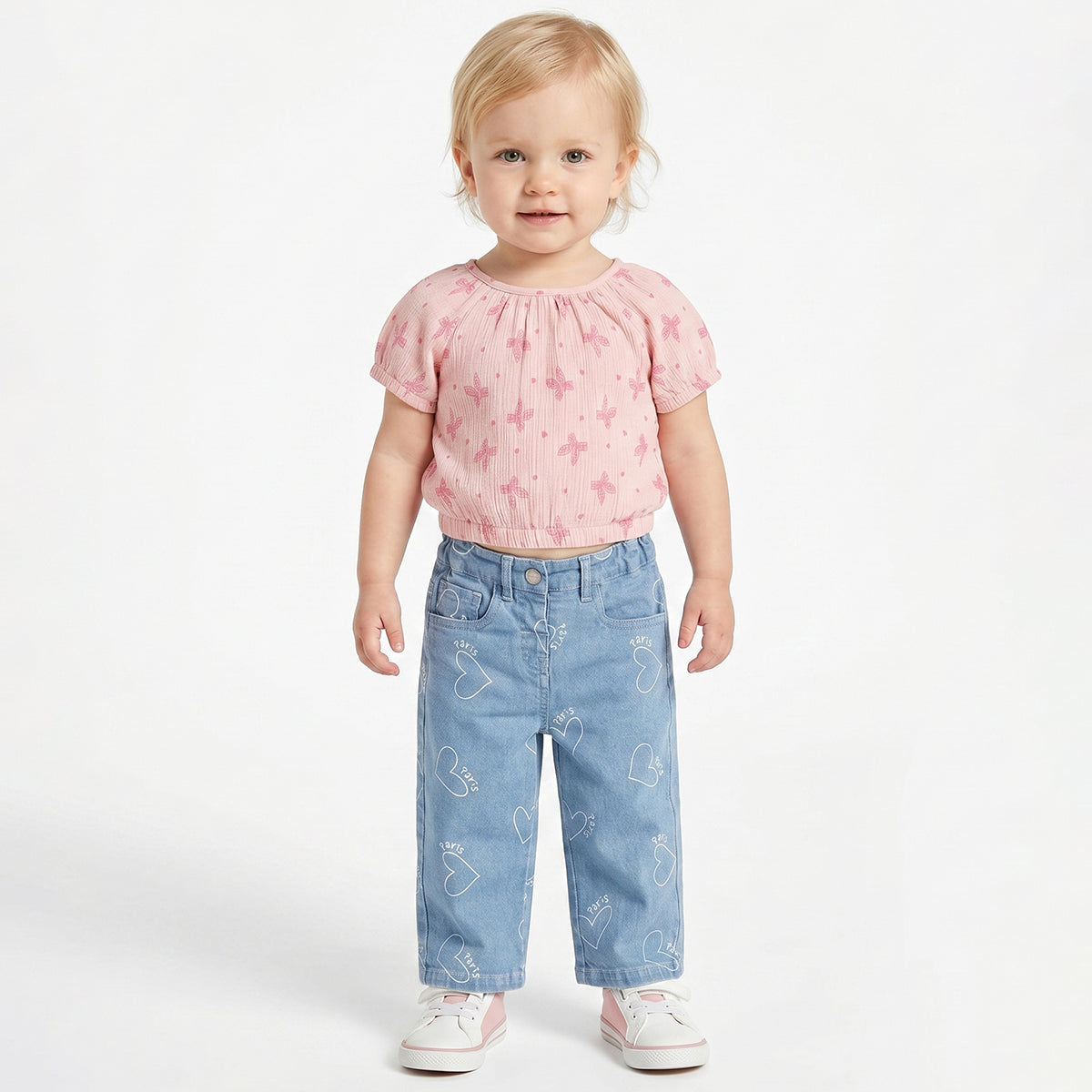 Baby Girls Blue Cotton Printed Denim Pants Regular Fit Baby Casual Denim Pants