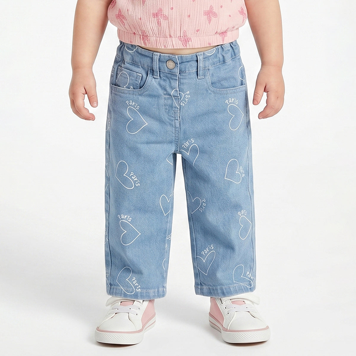 Baby Girls Blue Cotton Printed Denim Pants Regular Fit Baby Casual Denim Pants