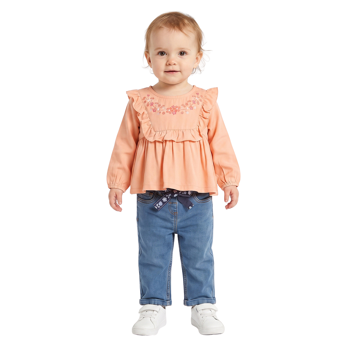 Baby Girls Blue Cotton Denim Floral Belt Pant Regular Fit Casual Wear