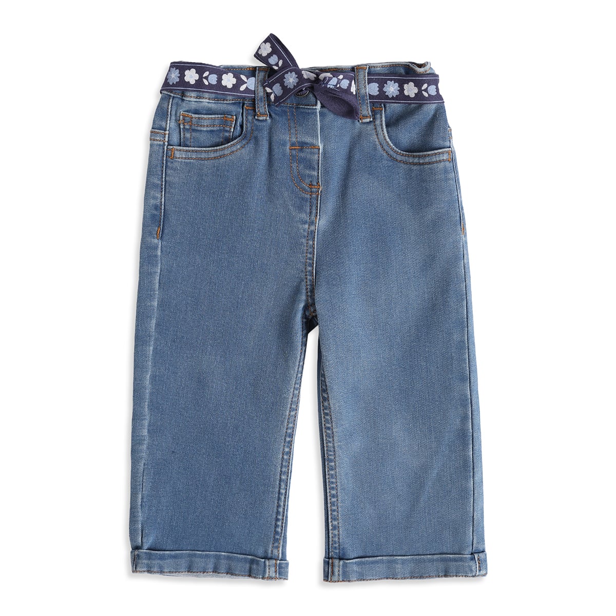 Baby Girls Blue Cotton Denim Floral Belt Pant Regular Fit Casual Wear
