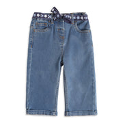 Baby Girls Blue Cotton Denim Floral Belt Pant Regular Fit Casual Wear