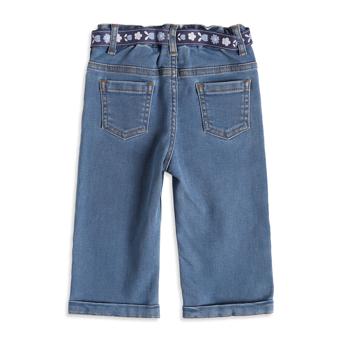 Baby Girls Blue Cotton Denim Floral Belt Pant Regular Fit Casual Wear