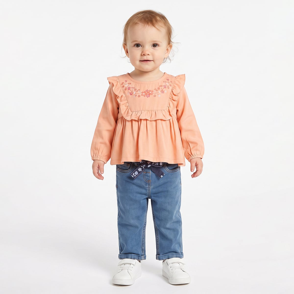 Baby Girls Blue Cotton Denim Floral Belt Pant Regular Fit Casual Wear
