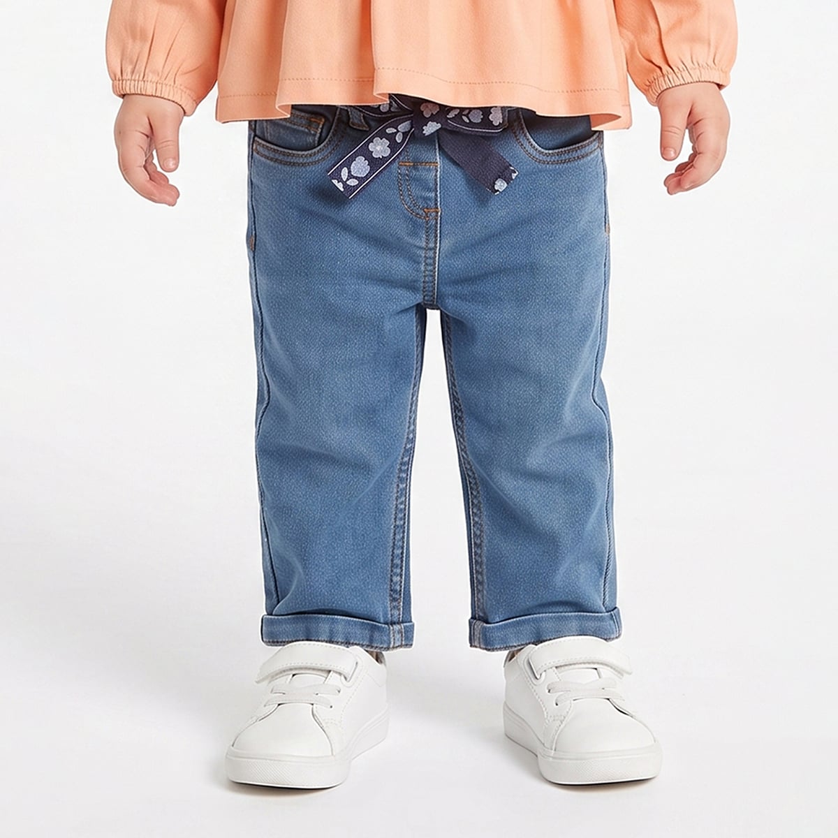 Baby Girls Blue Cotton Denim Floral Belt Pant Regular Fit Casual Wear