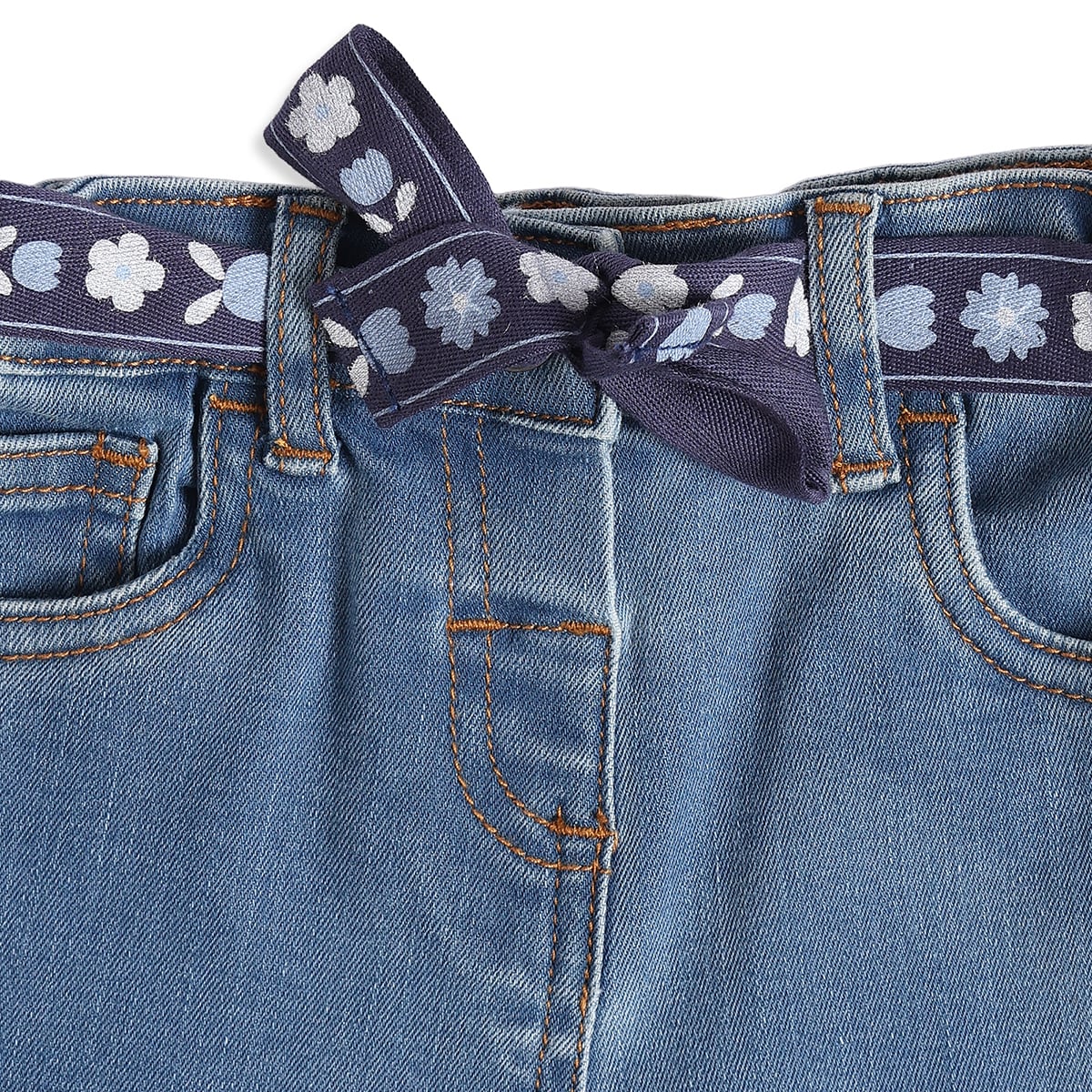 Baby Girls Blue Cotton Denim Floral Belt Pant Regular Fit Casual Wear