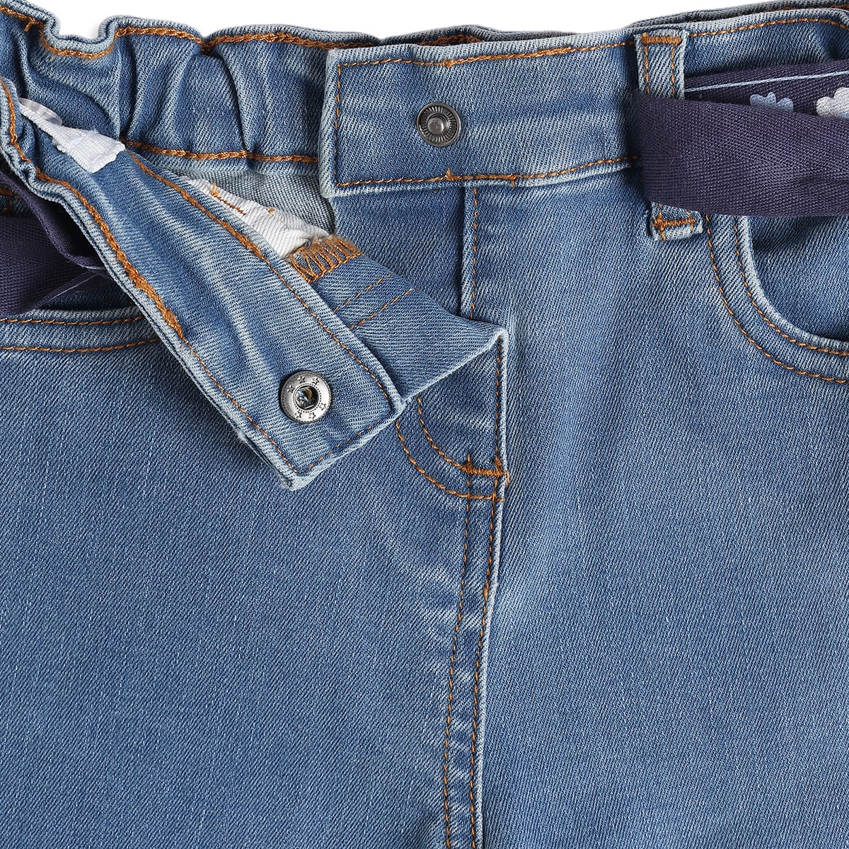 Baby Girls Blue Cotton Denim Floral Belt Pant Regular Fit Casual Wear
