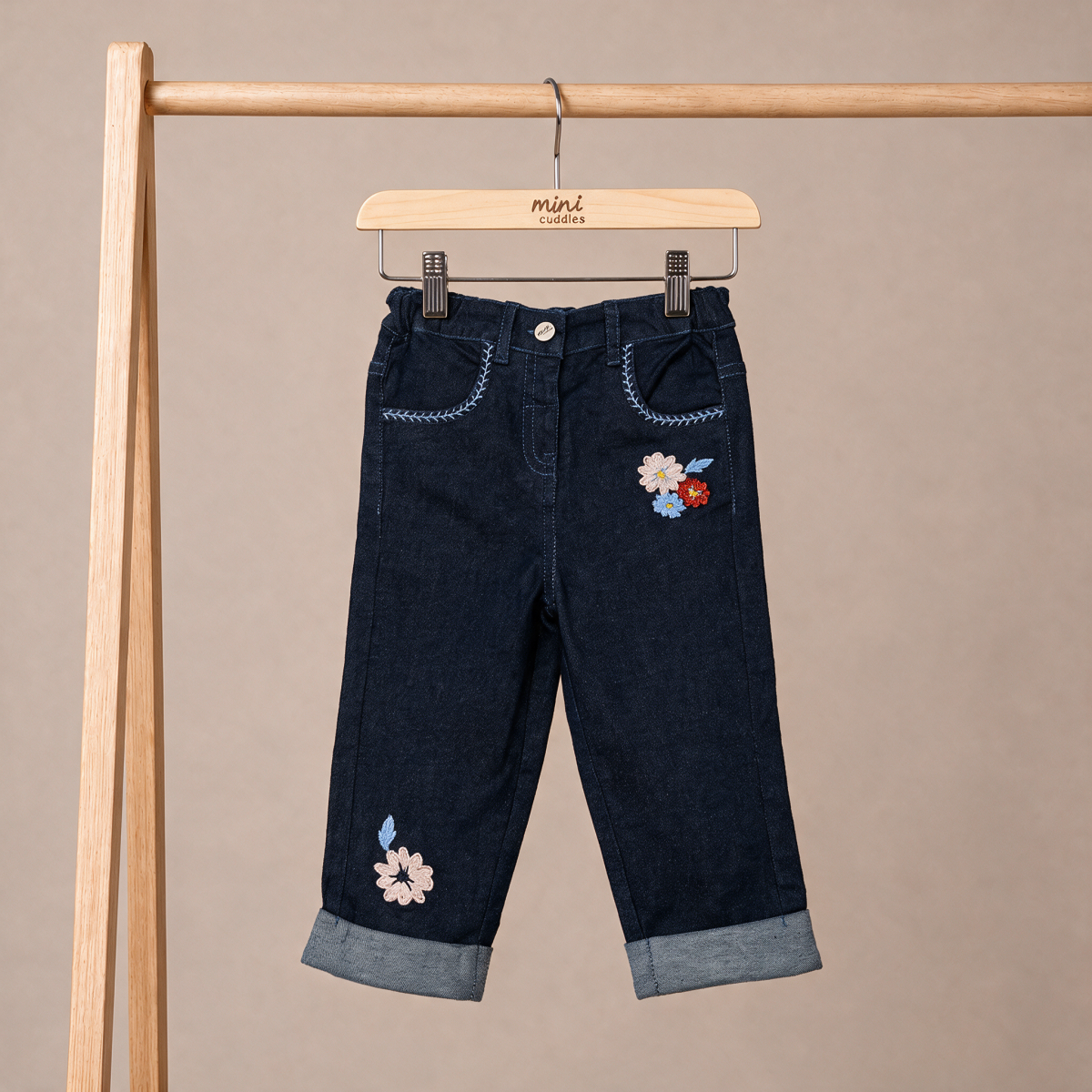 Baby Girls Navy Blue Denim Floral Embroidered Pant Regular Fit Casual Wear