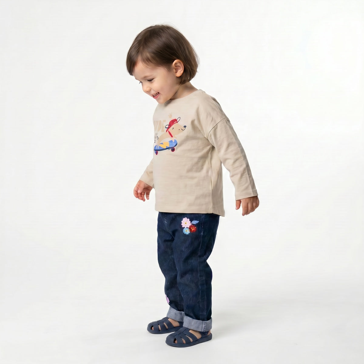 Baby Girls Navy Blue Denim Floral Embroidered Pant Regular Fit Casual Wear