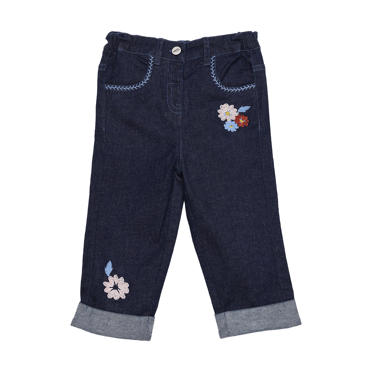Baby Girls Navy Blue Denim Floral Embroidered Pant Regular Fit Casual Wear