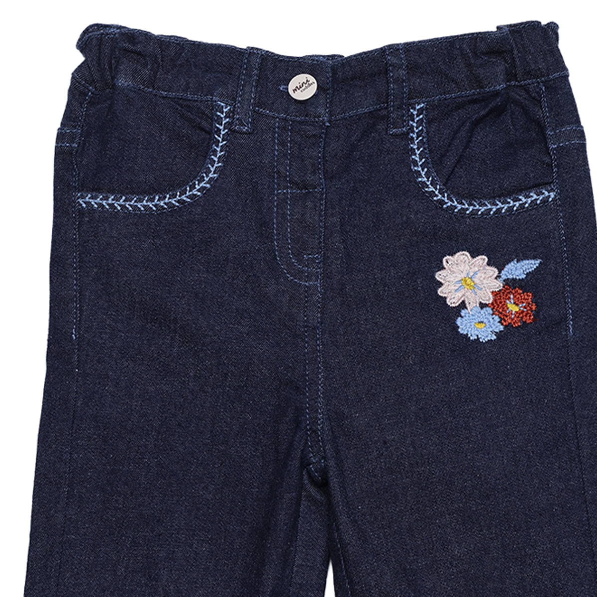 Baby Girls Navy Blue Denim Floral Embroidered Pant Regular Fit Casual Wear