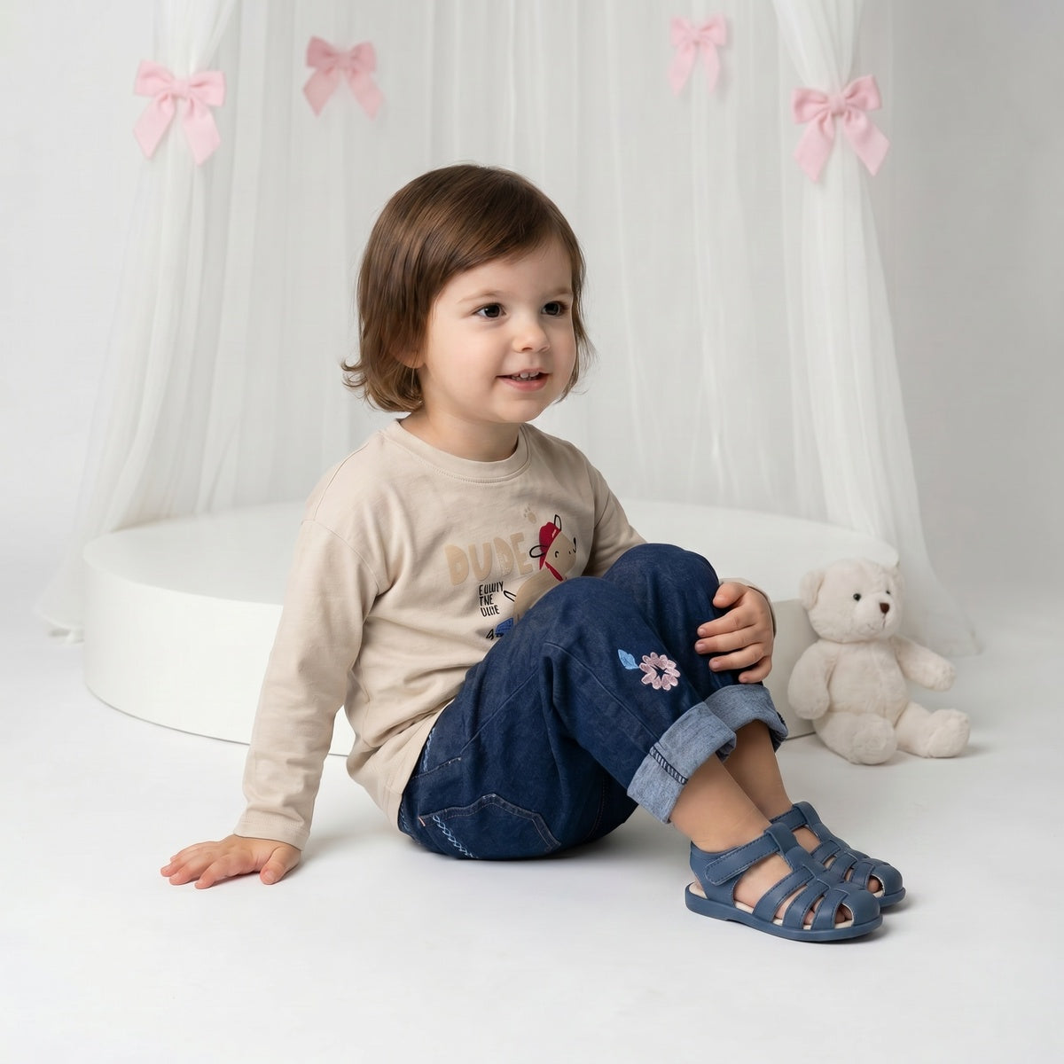 Baby Girls Navy Blue Denim Floral Embroidered Pant Regular Fit Casual Wear