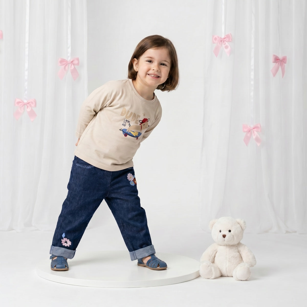 Baby Girls Navy Blue Denim Floral Embroidered Pant Regular Fit Casual Wear