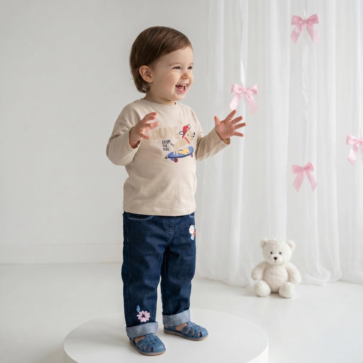 Baby Girls Navy Blue Denim Floral Embroidered Pant Regular Fit Casual Wear