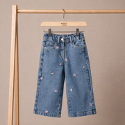 Baby Girls Blue Cotton Floral Embroidered Denim Pant Regular Fit Casual Wear