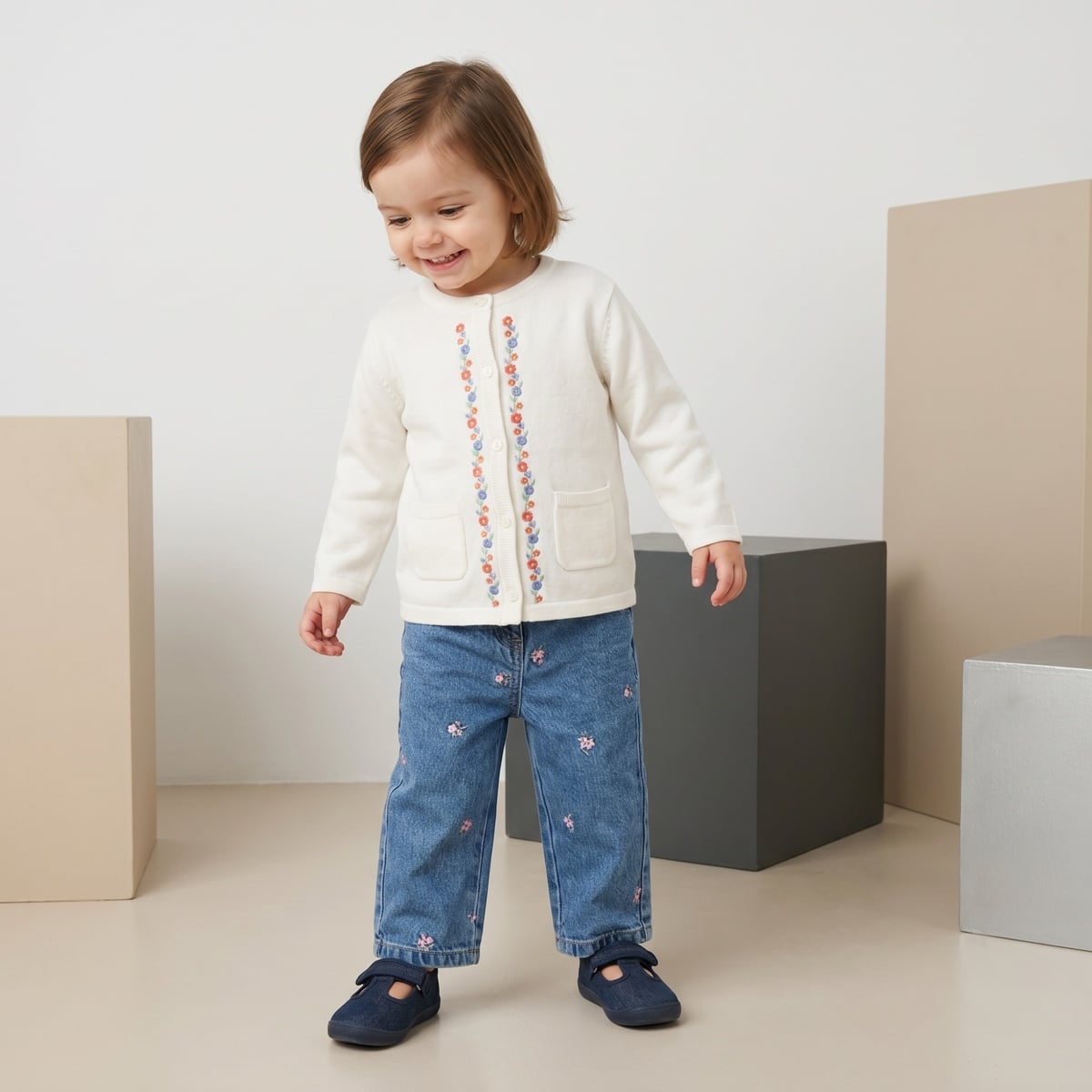 Baby Girls Blue Cotton Floral Embroidered Denim Pant Regular Fit Casual Wear