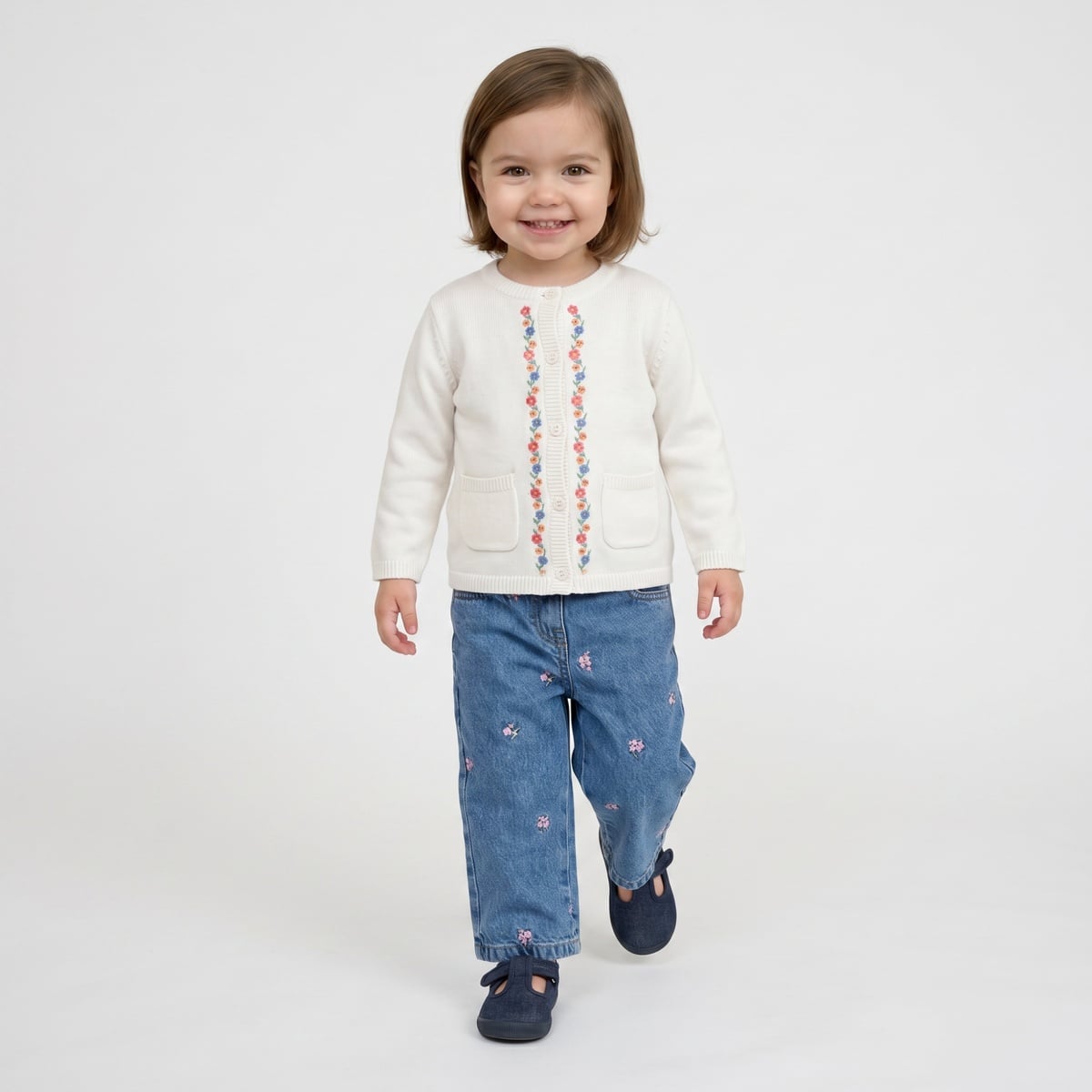 Baby Girls Blue Cotton Floral Embroidered Denim Pant Regular Fit Casual Wear