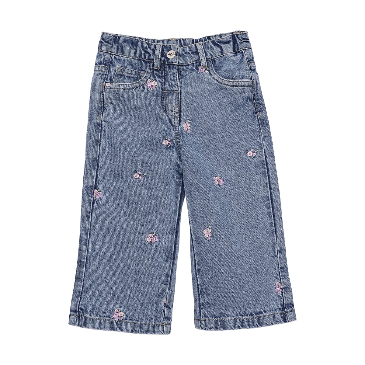 Baby Girls Blue Cotton Floral Embroidered Denim Pant Regular Fit Casual Wear