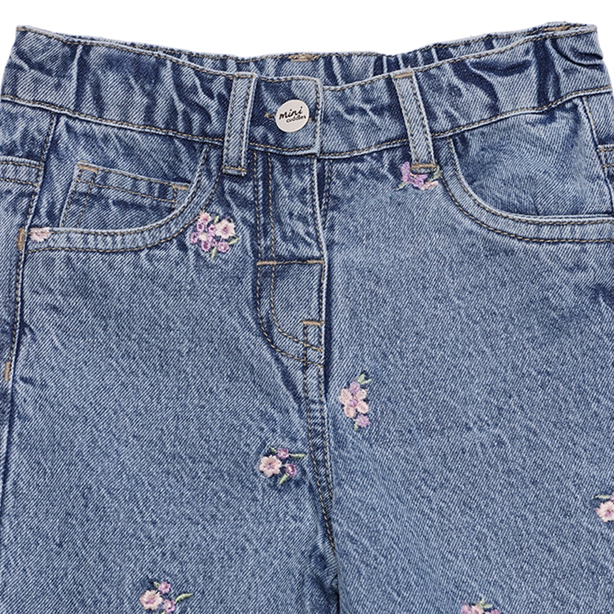 Baby Girls Blue Cotton Floral Embroidered Denim Pant Regular Fit Casual Wear