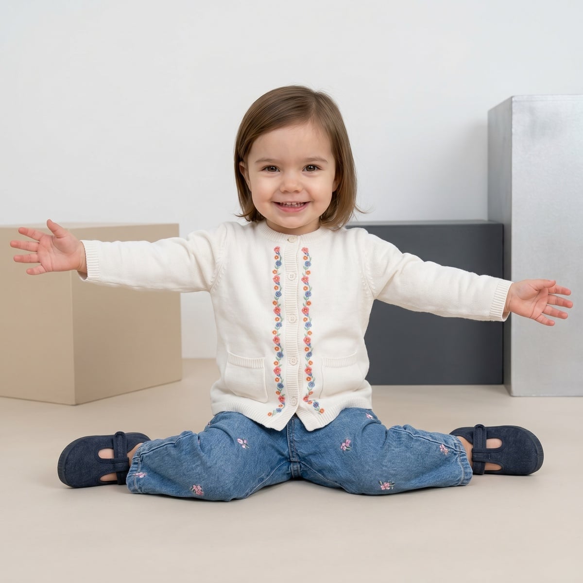 Baby Girls Blue Cotton Floral Embroidered Denim Pant Regular Fit Casual Wear