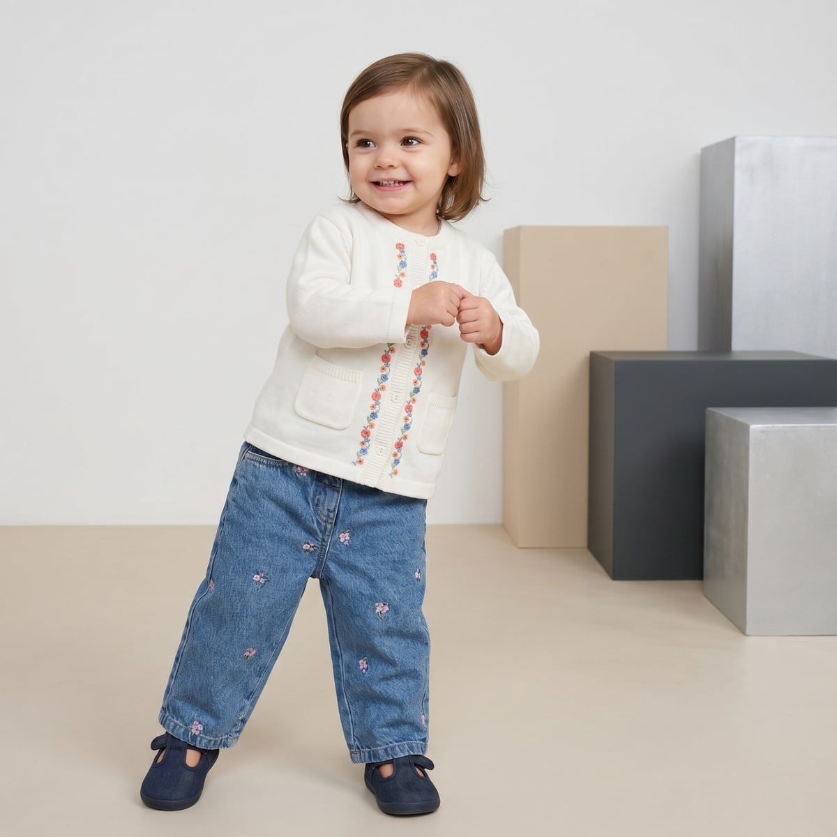 Baby Girls Blue Cotton Floral Embroidered Denim Pant Regular Fit Casual Wear