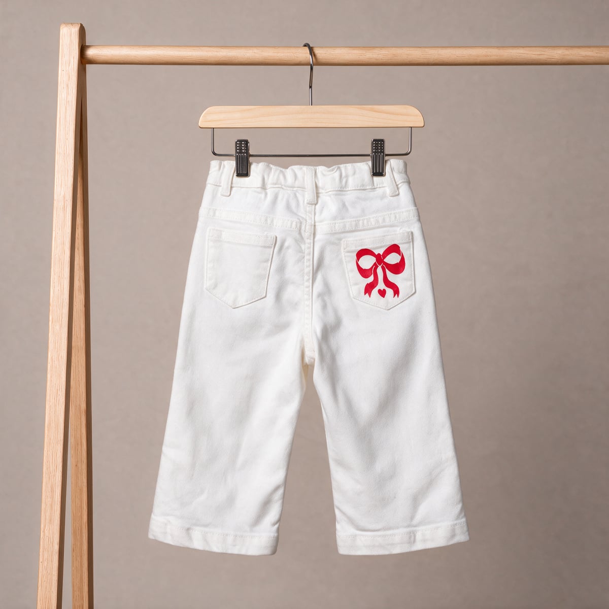Baby Girls White Cotton Denim Bow Printed Wide-Leg Pant Pack Of 1 Regular Fit Casual Wear