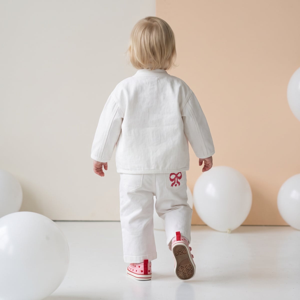 Baby Girls White Cotton Denim Bow Printed Wide-Leg Pant Pack Of 1 Regular Fit Casual Wear