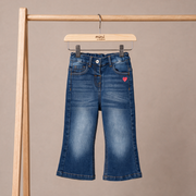 Baby Girls Blue Cotton Heart Embroidered Flared Denim Pant Regular Fit Casual Wear