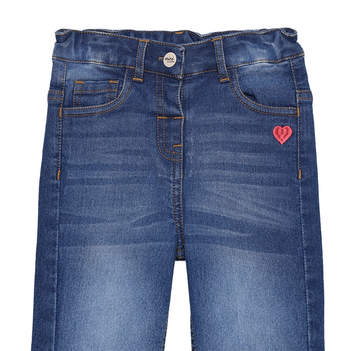 Baby Girls Blue Cotton Heart Embroidered Flared Denim Pant Regular Fit Casual Wear