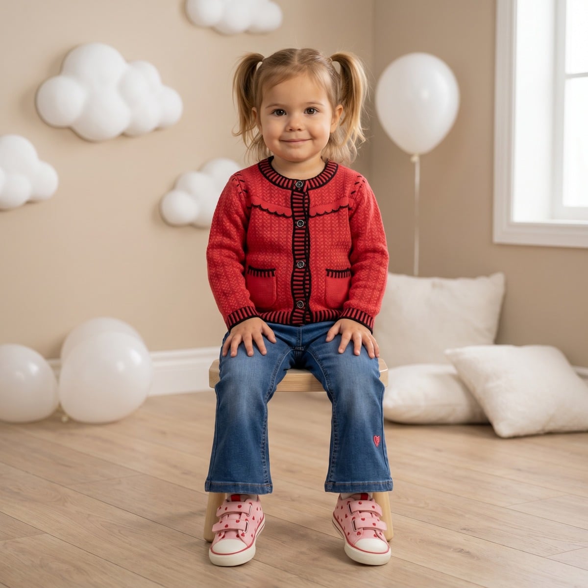Baby Girls Blue Cotton Heart Embroidered Flared Denim Pant Regular Fit Casual Wear